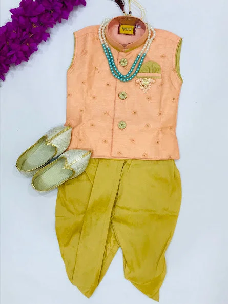 Charming Peach Colored Kids Sherwani Juttis With Brooch Pin And Pearl Mala