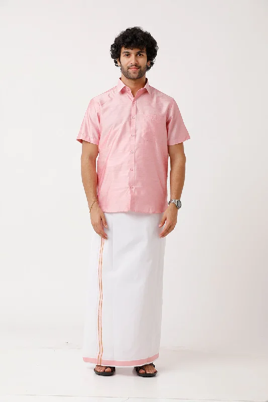 Elegant Outline Divine - Pink Matching Shirt and Single Dhoti Set For Men | Uathayam Elegant Outline Divine - Pink Matching Shirt and Single Dhoti Set For Men | Uathayam