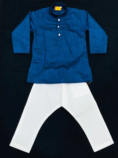 Dazzling Blue Colored Silk Cotton Kurta With Pajama Pant Sets For Boys