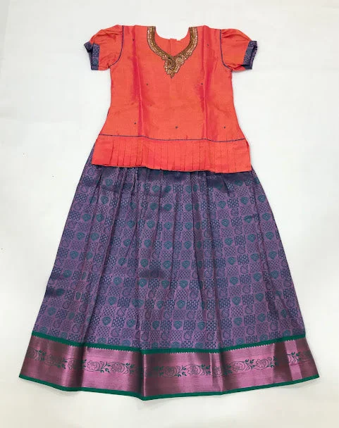 Delightful Pink Colored Embroidery Work Silk Langa Sets For Girls