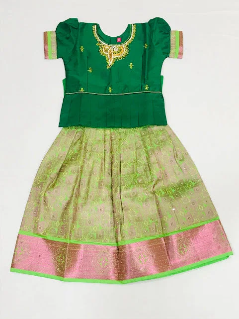 Gorgeous Green Colored Silk Embroidery Work Langa Sets For Girls