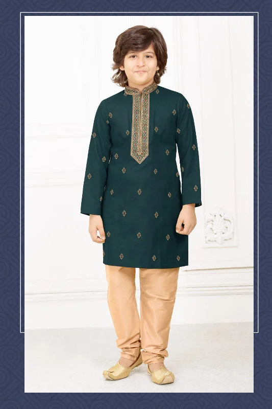 Attractive Green Colored Poly Cotton Kurta And Pajama With Embroidery Work For Kids