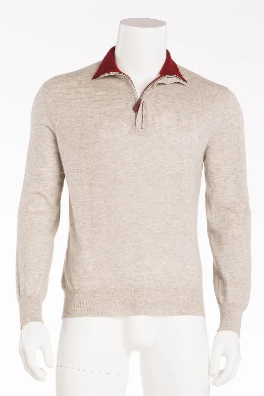 Hermes - Grey Zip Neck Cashmere Sweater with Red Collar - XL