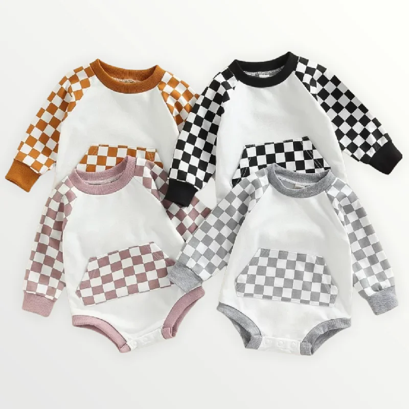 Onyx | Checkered Sweatshirt Romper - 4 Colors