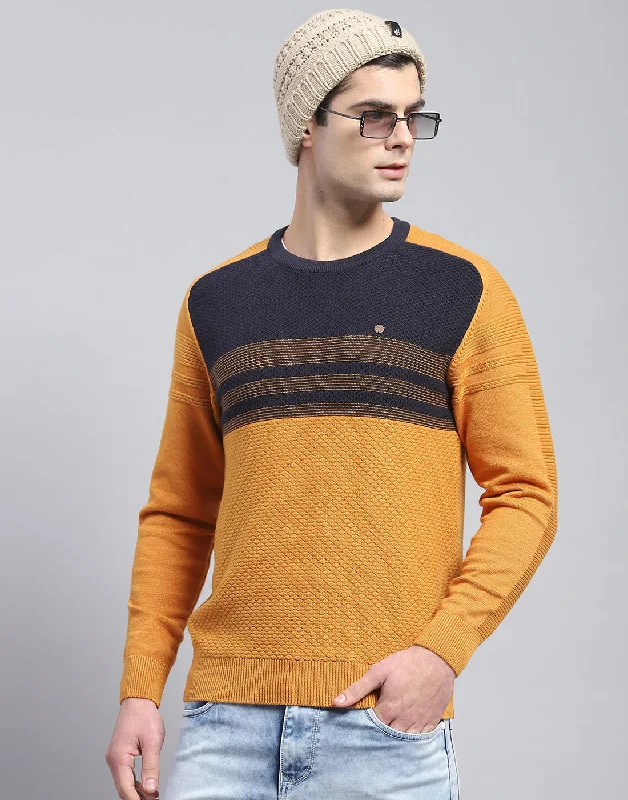 Men Mustard Self Design Round Neck Full Sleeve Pullover