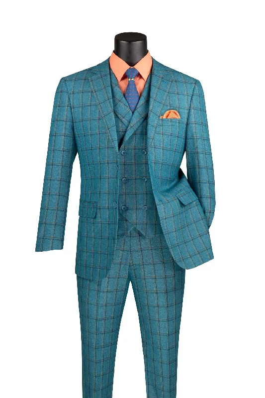 La Scale Collection-Windowpane Three Piece Suit - Teal