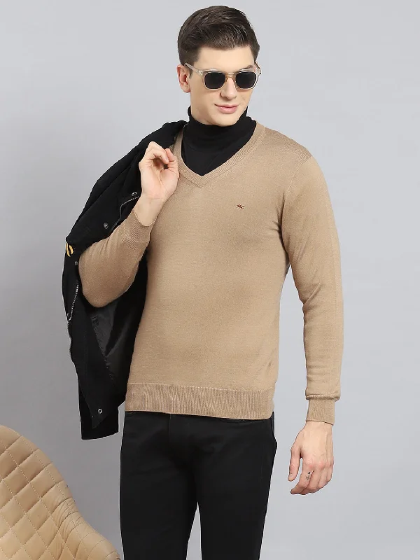 Men Khaki Solid V Neck Full Sleeve Pullover