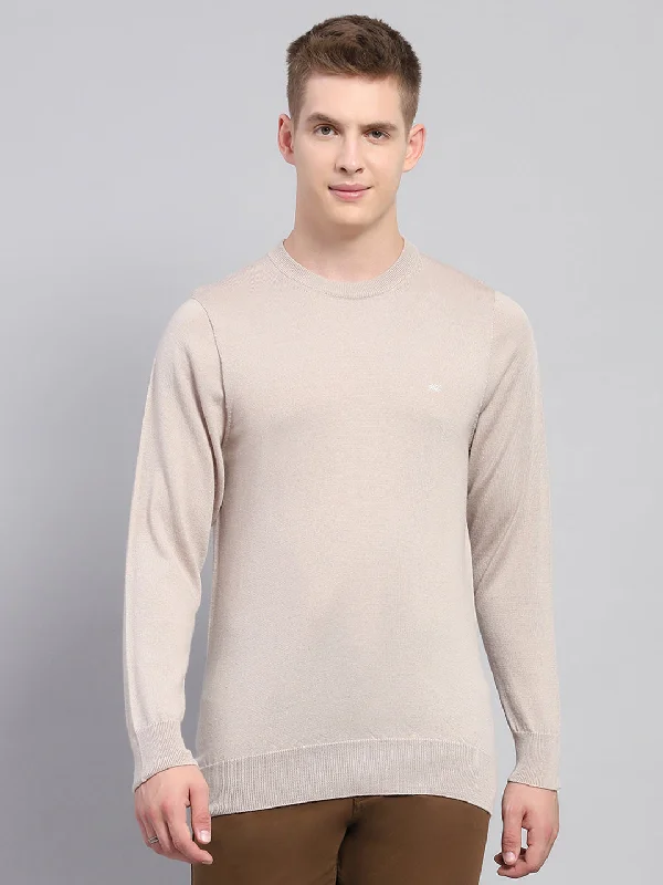 Men Beige Solid Round Neck Full Sleeve Pullover