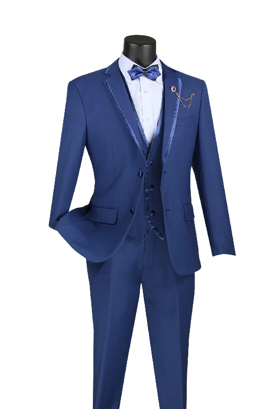 Blue Trimmed Lapel Slim Fit 3 Piece Suit