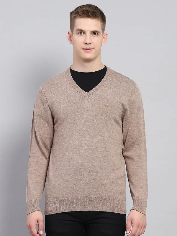 Men Beige Solid V Neck Full Sleeve Pullover