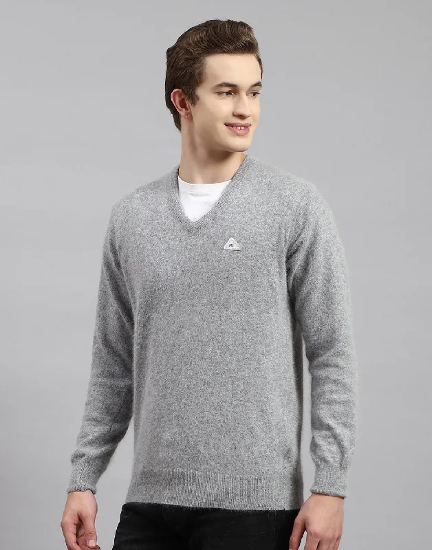 Men Grey Solid V Neck Full Sleeve Pullover