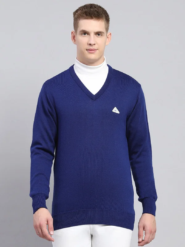 Men Blue Solid V Neck Full Sleeve Pullover