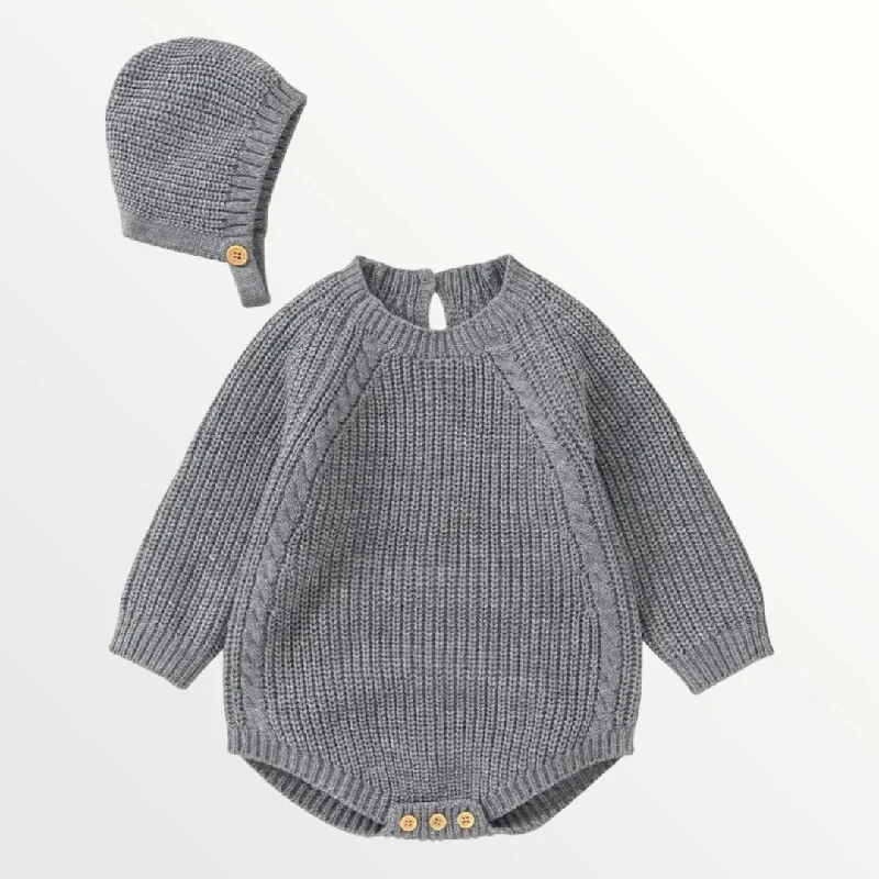 Josie | Knit Ribbed Romper + Bonnet - Gray