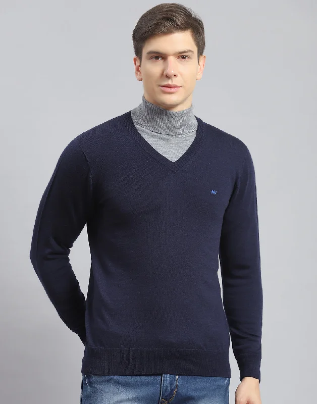 Men Navy Blue Solid V Neck Full Sleeve Pullover