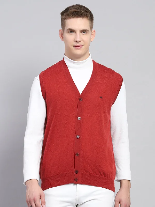 Men Red Solid V Neck Sleeveless Cardigan