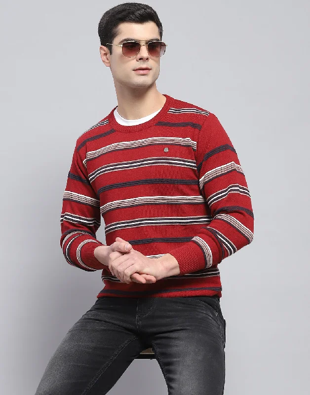 Men Red Stripe Round Neck Full Sleeve Pullover