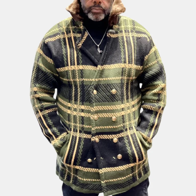 LCR Cardigan Plaid w/Fur Collar (Olive/Black)