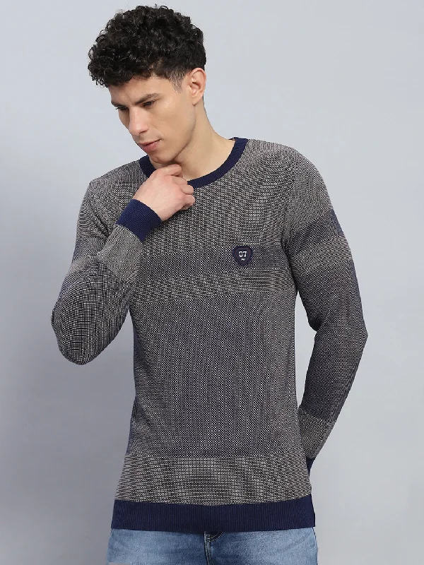 Men Blue Self Design Round Neck Full Sleeve Pullover