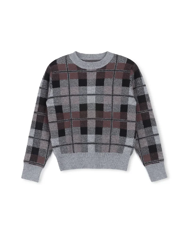 Plaid Crew Neck Knit Sweater