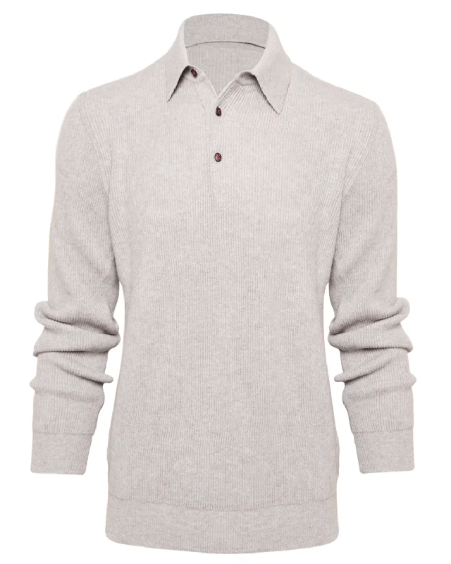 Grey Ribbed Cashmere Polo Sweater