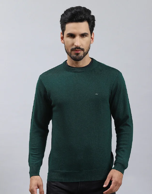 Men Green Solid Round Neck Full Sleeve Pullover