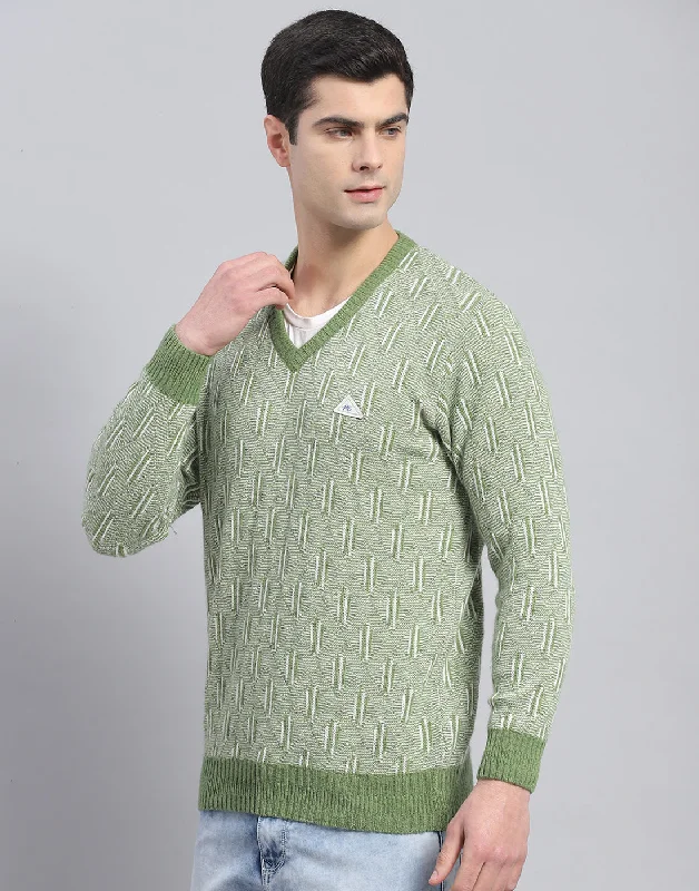 Men Green Self Design V Neck Full Sleeve Pullover