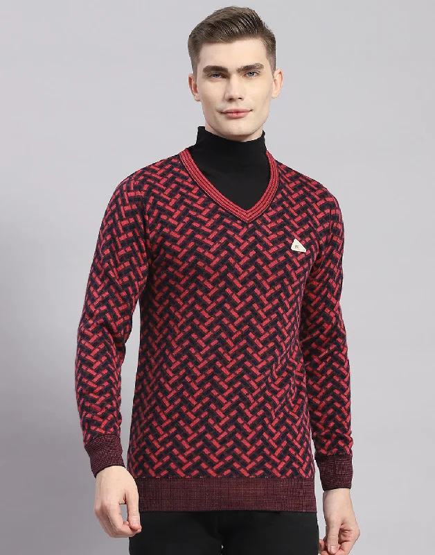 Men Pink Self Design V Neck Full Sleeve Pullover