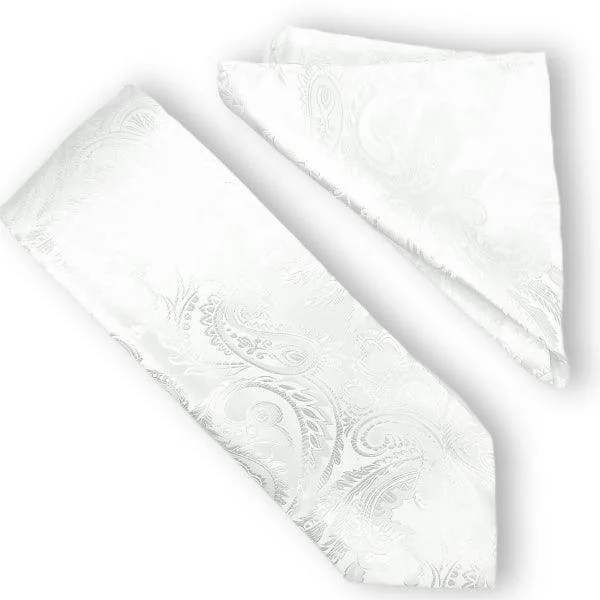 White Paisley Tie and Hanky Set