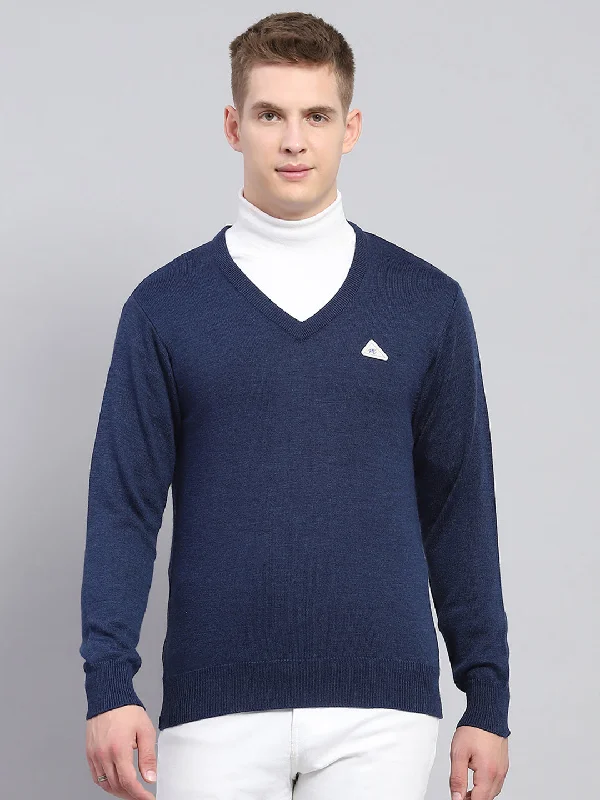 Men Navy Blue Solid V Neck Full Sleeve Pullover