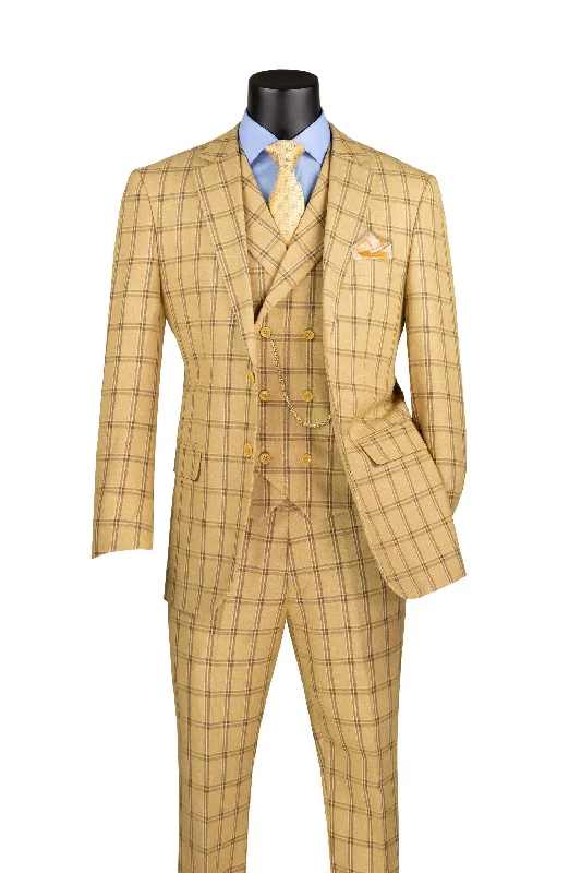 La Scale Collection-Windowpane Three Piece Suit - Tan