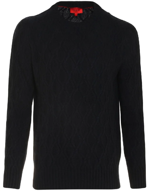 Dark Blue Cashmere Cable Knit Crewneck Sweater