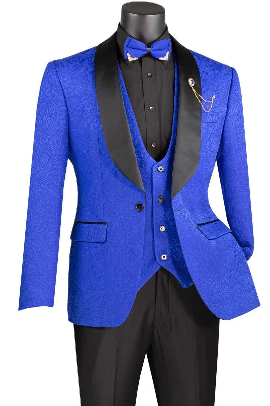 Royal Blue Jaquard Three Piece Slim Fit Tuxedo