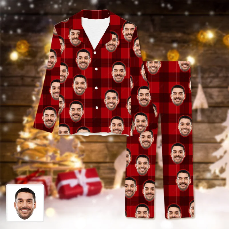 Sports Style Customized Face Unisex Pajamas Spring & Winter Red Plaid Pajamas Personalized Gift