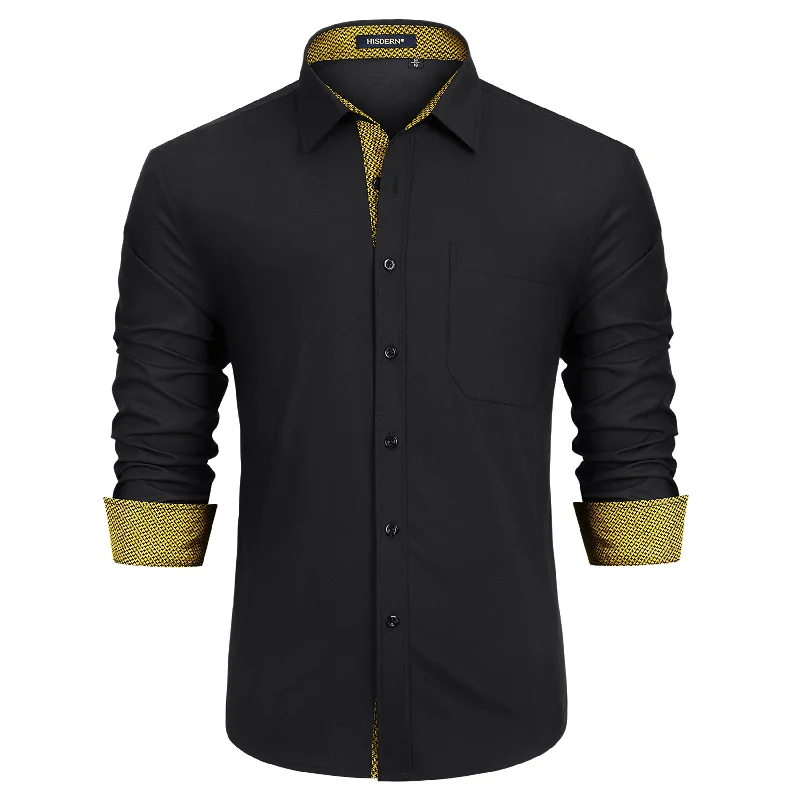 Men's Patchwork Dress Shirt with Pocket - 03-BLACK/GOLD