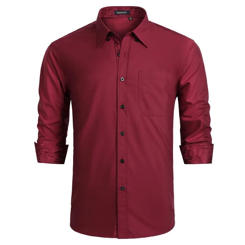 Men's Patchwork Dress Shirt with Pocket - 09-BURGUNDY / PAISLEY