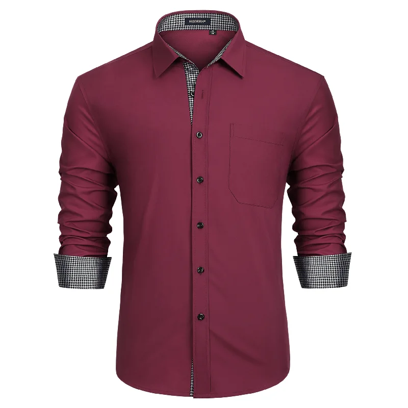 Men's Patchwork Dress Shirt with Pocket - 06-BURGUNDY2