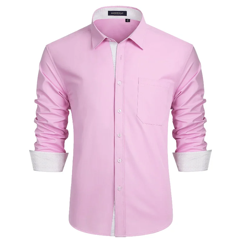 Men's Patchwork Dress Shirt with Pocket - 06-PINK