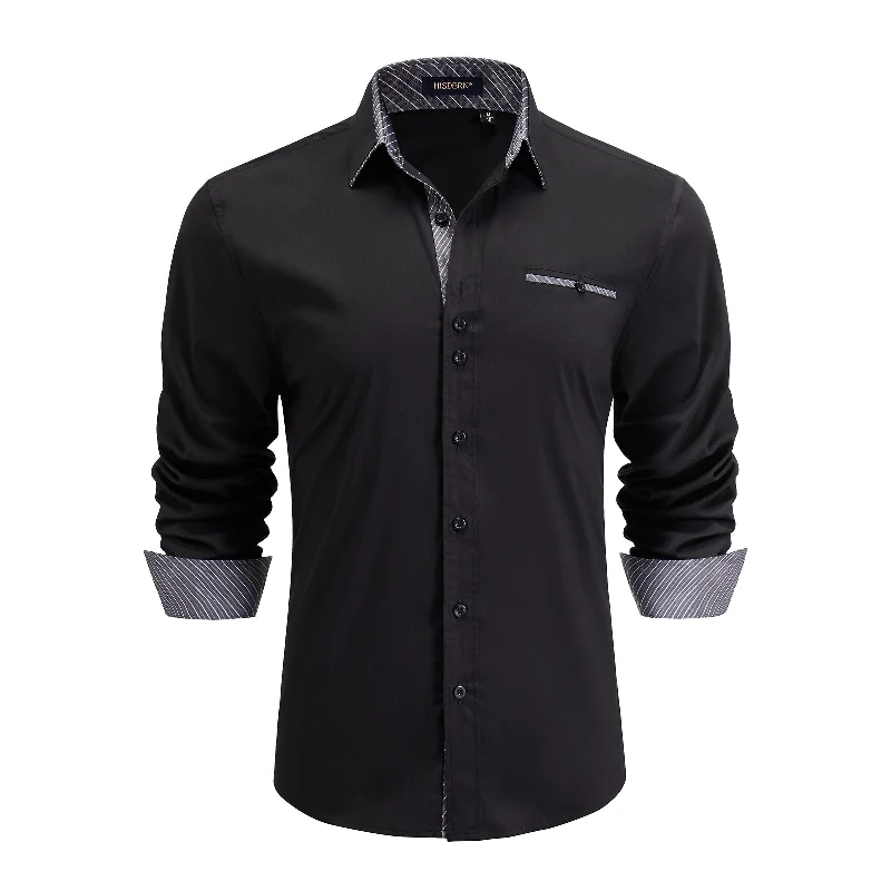 Men's Patchwork Dress Shirt with Pocket - A-01 BLACK GREY/STRIPED