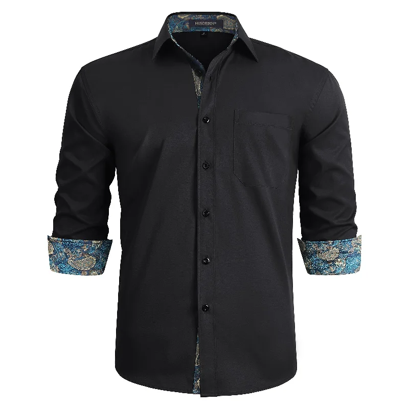 Men's Patchwork Dress Shirt with Pocket - BLACK/AUQA