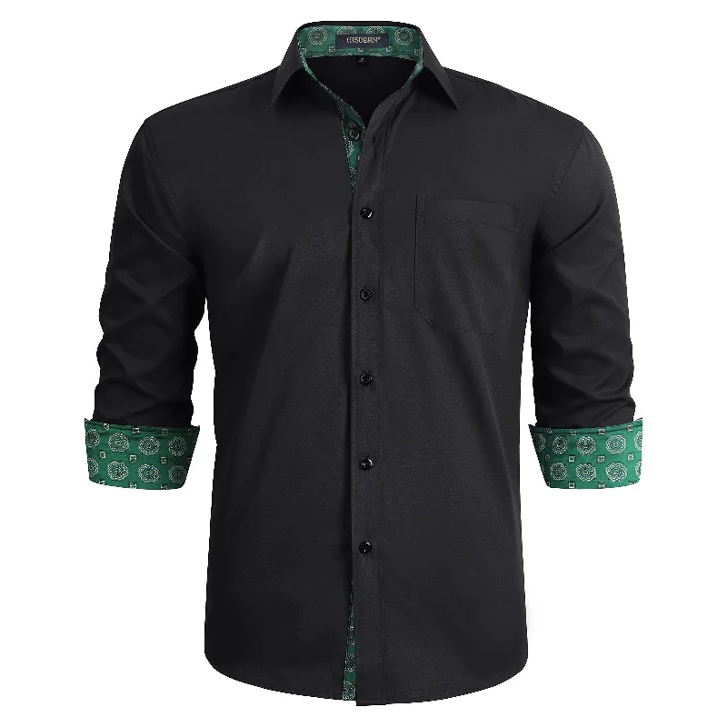 Men's Patchwork Dress Shirt with Pocket - BLACK/GREEN