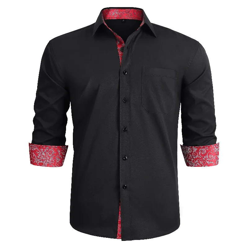 Men's Patchwork Dress Shirt with Pocket - BLACK/RED