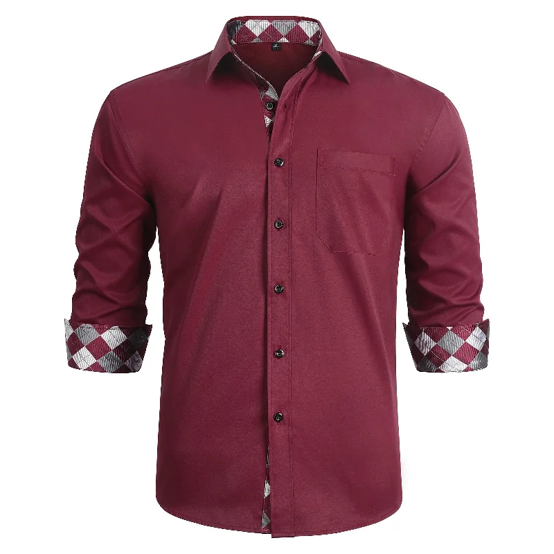 Men's Patchwork Dress Shirt with Pocket - BURGUNDY/WHITE