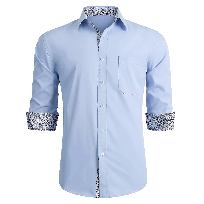 Men's Patchwork Dress Shirt with Pocket - LIGHT BLUE/GREY