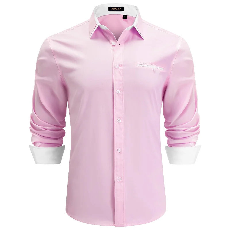 Men's Patchwork Dress Shirt with Pocket - PINK/WHITE