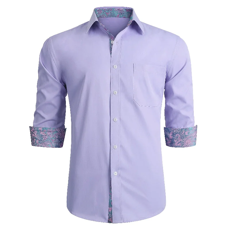 Men's Patchwork Dress Shirt with Pocket - PURPLE/PINK