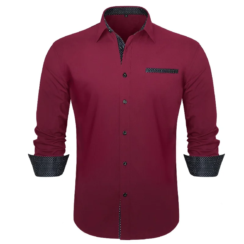 Men's Patchwork Dress Shirt with Pocket - RED/BLACK