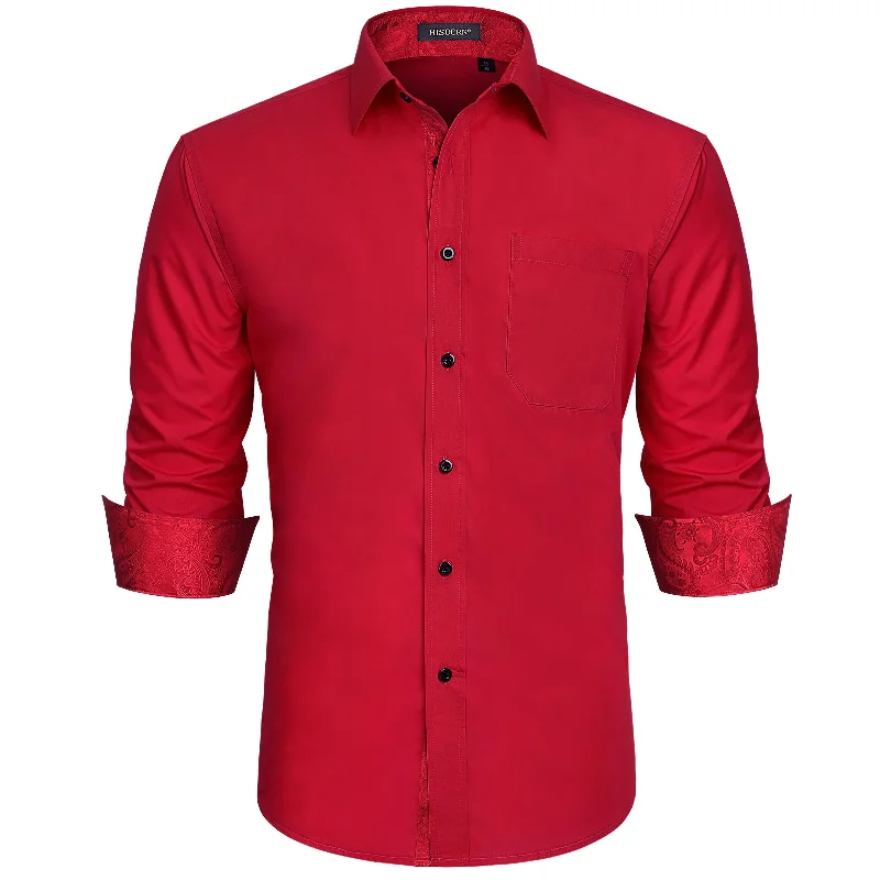 Men's Patchwork Dress Shirt with Pocket - RED/PAISLEY