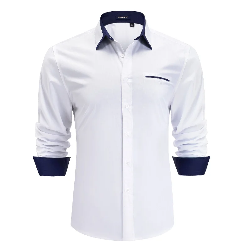 Exquisite Craftsmanship Men's White Dress Shirt with Contrast Navy Collar