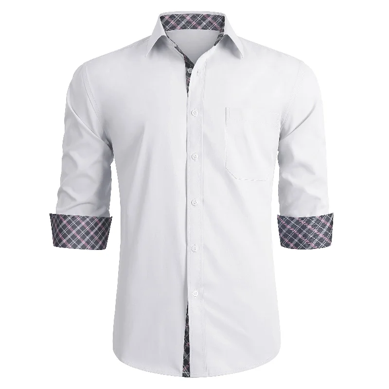 Men's Patchwork Dress Shirt with Pocket - WHITE/PINK