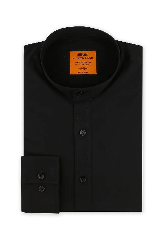 Steven Land Poplin Dress Shirt | Banded Collar and Button Cuff | 100% Cotton | Color Black